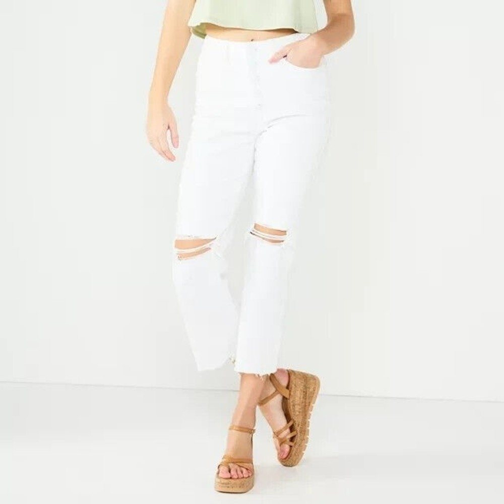 SO High Rise Kick Flare Crop Jeans Juniors 15 White Distressed Button Fly NEW